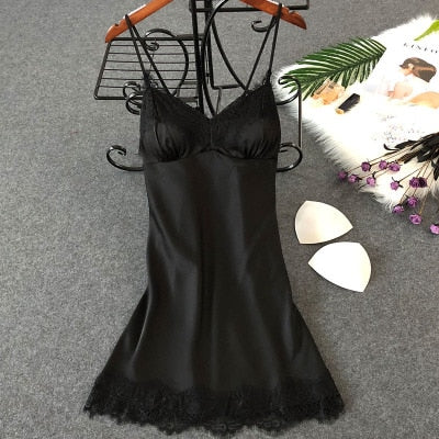 Women's Sexy Silk Nightgown – Lace Satin Babydoll Summer Sleepwear with Chest Pad