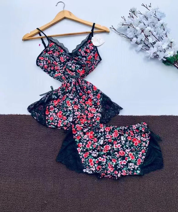 Floral Lace Nightwear Set for Women – Soft Camisole Top & Shorts