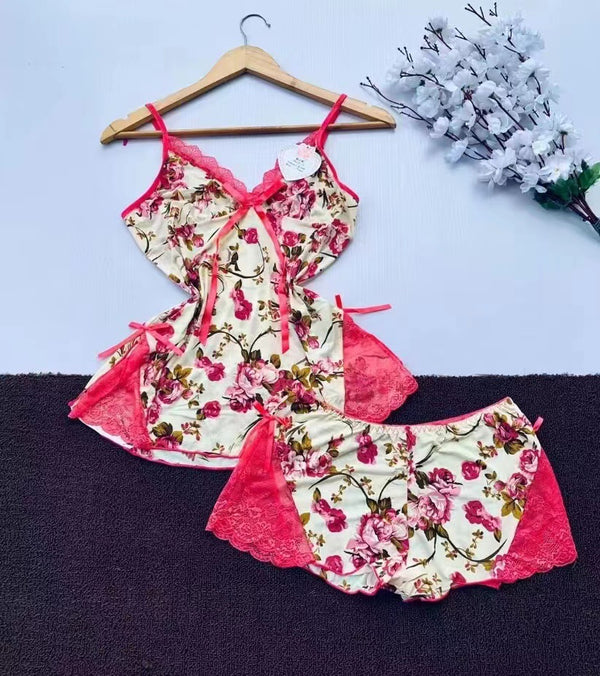 Floral Lace Nightwear Set for Women – Soft Camisole Top & Shorts
