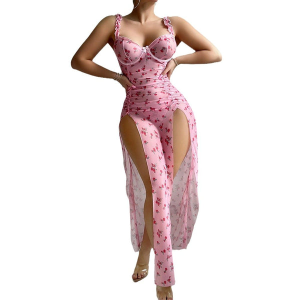 Sexy Lingerie Pink Valentine’s Day Long Dress and Thong Two-Piece Set Uniform Temptation for Women
