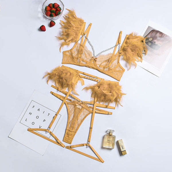Feather Chain Lace Lingerie Set for Women – Sexy Transparent Mesh Babydoll with Strappy Chain Detail, Sheer Nightwear Sleepwear