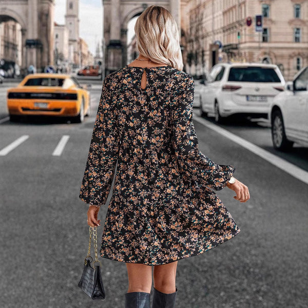 Fashionable Printed Long Sleeve Dress with One Button Loose Fit Autumn Style
