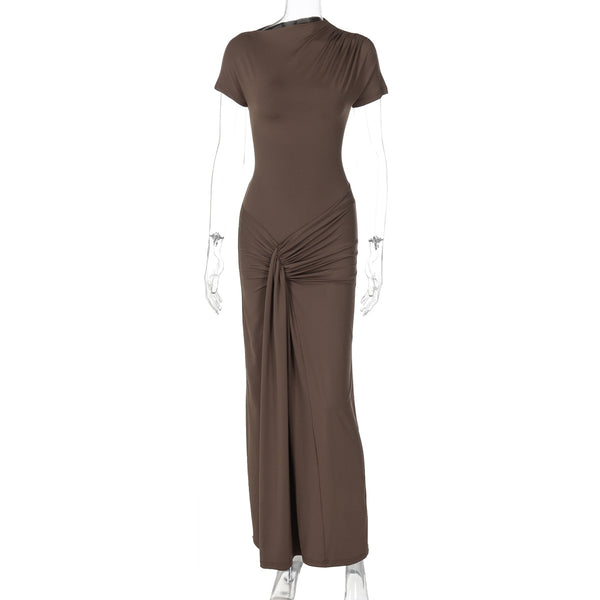 Autumn New Women’s Slim Fit Pleated Lace-Up Short Sleeve Dress – Fashionable & Elegant