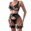 Style High-Grade Patent Leather Black PU Sexy Hollow Complex Craft Lingerie Four-Piece Set for Women