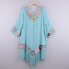 New Off Shoulder 3/4 Sleeve Hooked Flower Splice Irregular Tassel Beach Sunscreen Cover Up Ethnic Style Dress