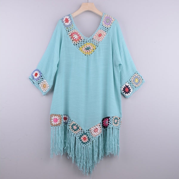 New Off Shoulder 3/4 Sleeve Hooked Flower Splice Irregular Tassel Beach Sunscreen Cover Up Ethnic Style Dress