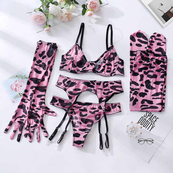 Tie-Dye Colorful Mesh Lingerie Set for Women – Sexy Five-Piece Small Bust Gathering Nightwear