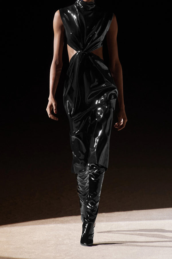 New Women’s Black Sexy Dress with Stand-Up Collar – Backless Hip-Length Mid Skirt