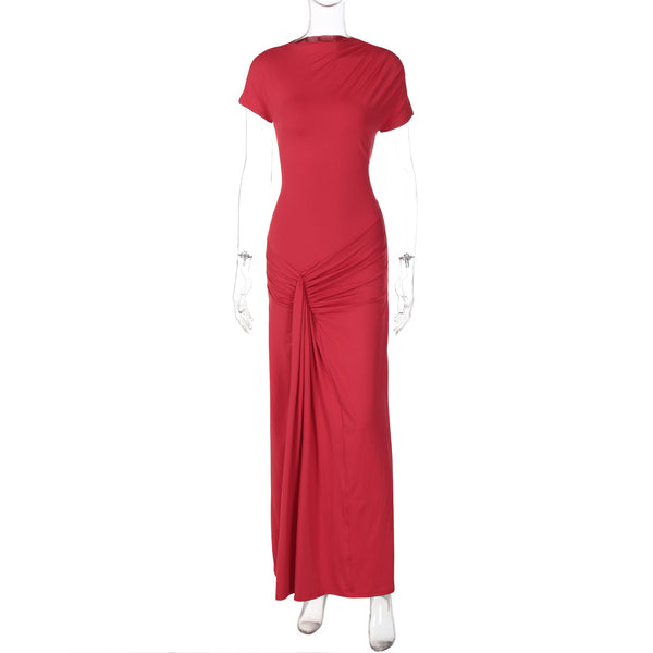 Autumn New Women’s Slim Fit Pleated Lace-Up Short Sleeve Dress – Fashionable & Elegant