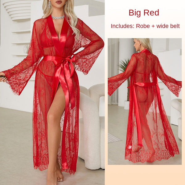 Sexy Lace Trim Robe Transparent Temptation Nightwear for Women