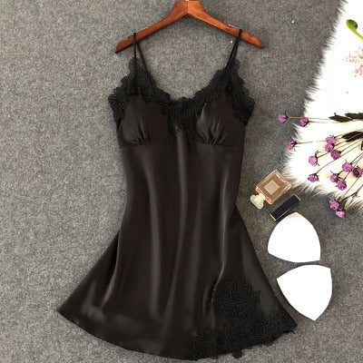 Women's Sexy Silk Nightgown – Lace Satin Babydoll Summer Sleepwear with Chest Pad