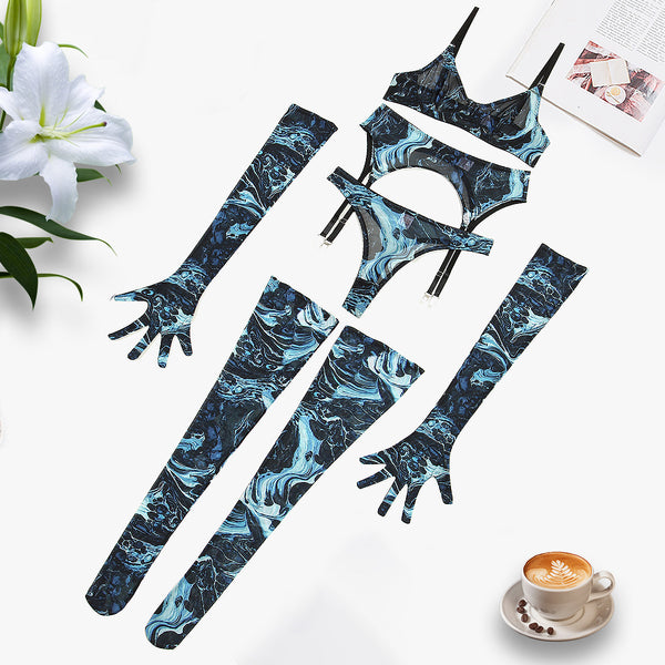 Tie-Dye Colorful Mesh Lingerie Set for Women – Sexy Five-Piece Small Bust Gathering Nightwear