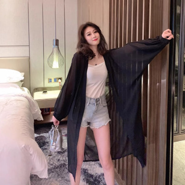 Sun Protection Cardigan for Women Summer New Arrival Chiffon Sunscreen Jacket Mid-Length Outerwear Beach Cover-Up Thin Coat