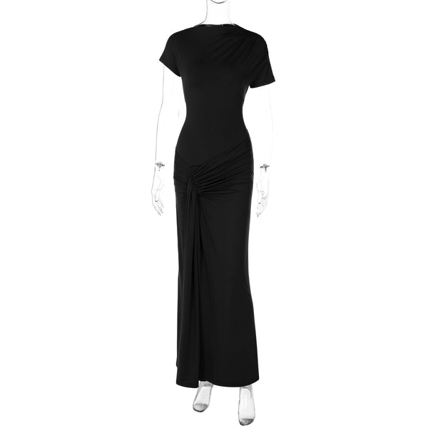 Autumn New Women’s Slim Fit Pleated Lace-Up Short Sleeve Dress – Fashionable & Elegant