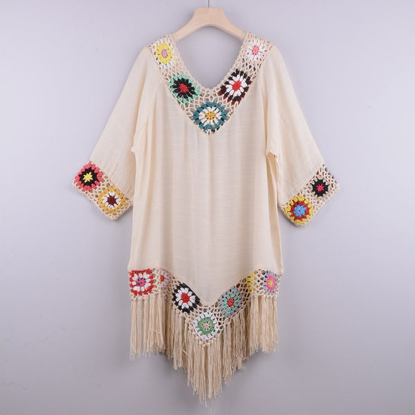 New Off Shoulder 3/4 Sleeve Hooked Flower Splice Irregular Tassel Beach Sunscreen Cover Up Ethnic Style Dress