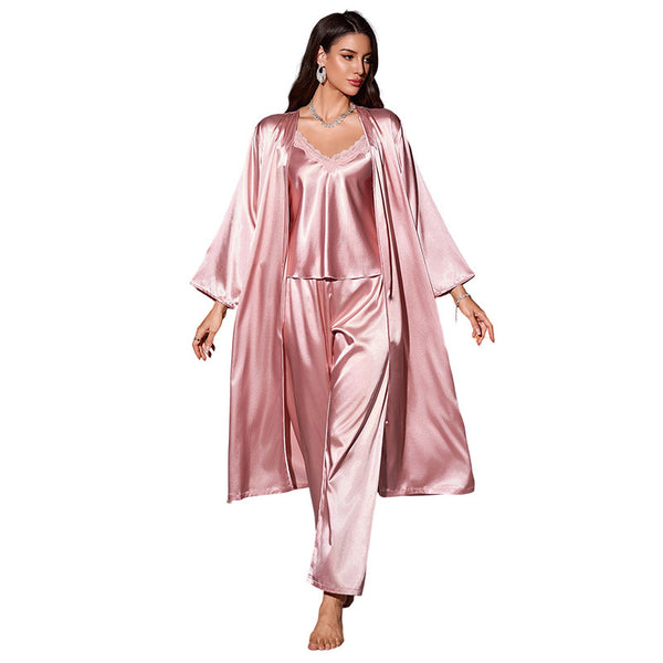 Danni Lin Simple Casual Sleepwear Robe Nightgown Sexy Strap Shorts Three-piece Set Homewear