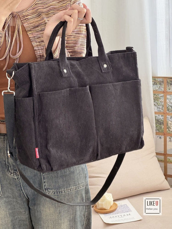 Autumn Winter Multi-Pocket Thick Corduroy Simple Commuter Tote Student Leisure Literary Handbag Shoulder Bag