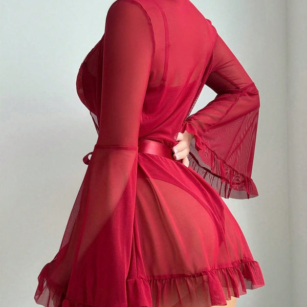 Lace One-Piece Sleepwear Flare Sleeve Sexy Belted Lingerie Set with Stockings for Women