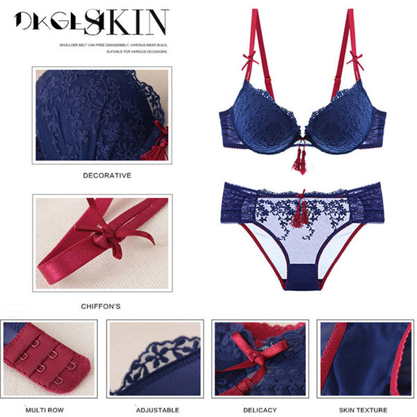 Palace Tassel Push-Up Lace Bra & Panty Set for Women – Thick Cotton Padded Brassiere, Embroidered Sexy Lingerie Underwear Set