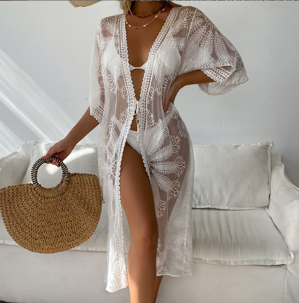 European and American Swimsuit Coat Sunscreen Bandage Sexy Hollow Cardigan Mid length Outer Embroidered Beach Bikini Cover up