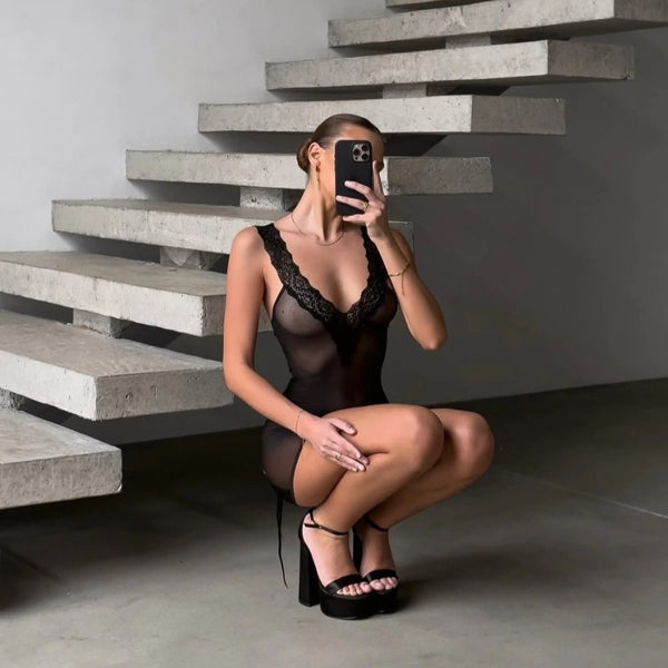 Sexy Lace Trim Nightdress for Women – Transparent Mesh Lingerie Two-Piece Set with Tie