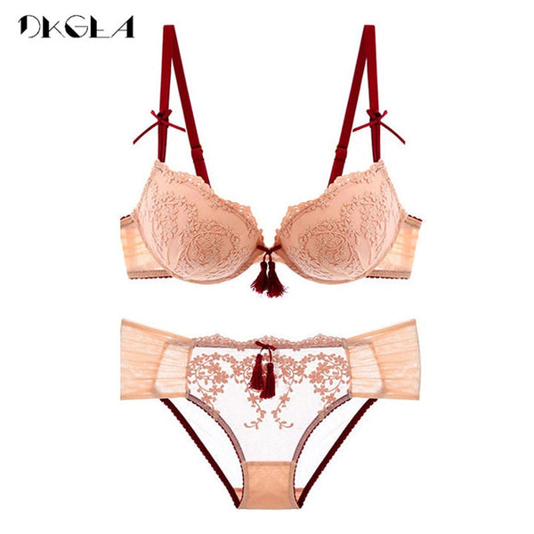 Palace Tassel Push-Up Lace Bra & Panty Set for Women – Thick Cotton Padded Brassiere, Embroidered Sexy Lingerie Underwear Set