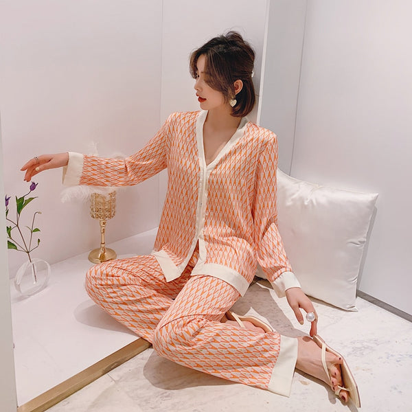 Spring Women's Pajamas Set – Luxury Style Cross Letter Print Silk-Like Sleepwear, Fashion Home Nightwear