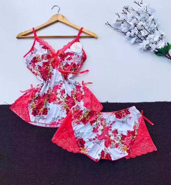 Floral Lace Nightwear Set for Women – Soft Camisole Top & Shorts
