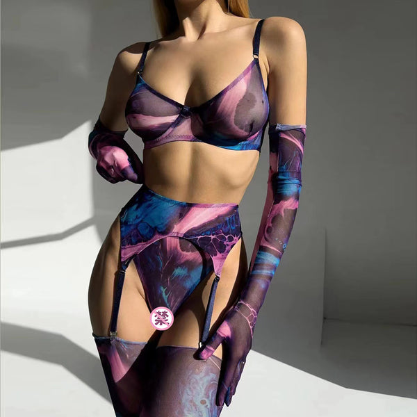 Tie-Dye Colorful Mesh Lingerie Set for Women – Sexy Five-Piece Small Bust Gathering Nightwear