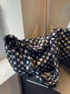 Checkered Raw Edge Denim Shoulder Bag