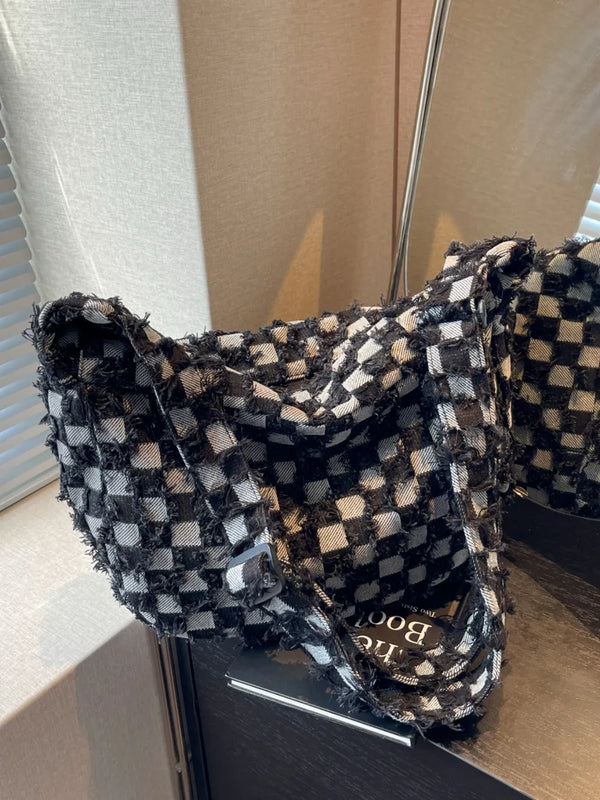Checkered Raw Edge Denim Shoulder Bag