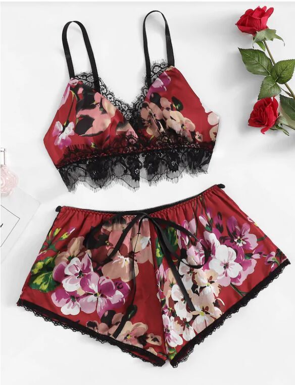Multicolor Lace Trim Floral Print Satin Sexy Women Lingerie Set Boho Wireless Intimates Femme Bra Underwear Set