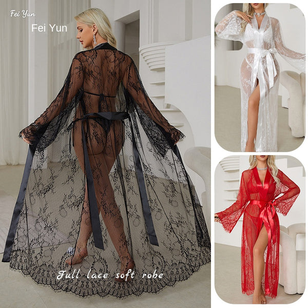 Sexy Lace Trim Robe Transparent Temptation Nightwear for Women