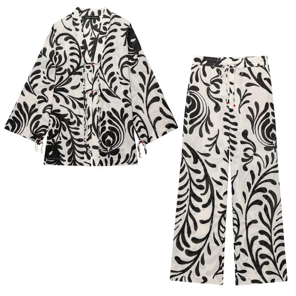 Women's Clothing Printed Kimono-style Outerwear + Long Pants Set