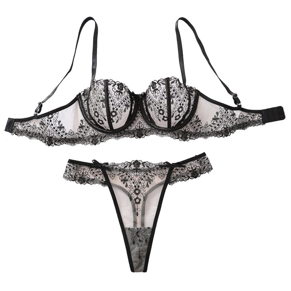 Flower Embroidery Mesh Lingerie – Sexy Two-Piece Splicing Set for Women