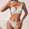 Printed Lace Bra Set with Steel Ring Gathering Bowknot Erotic Underwear