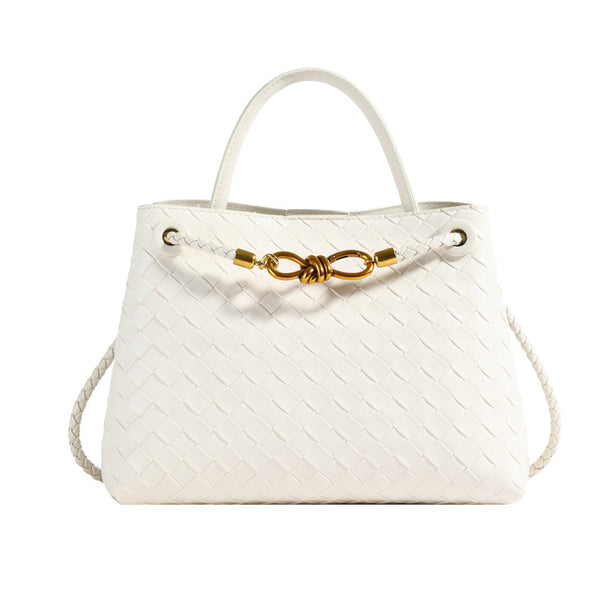 Metal rope buckle woven shoulder bag, fashionable, versatile, retro, commuter bag for women.