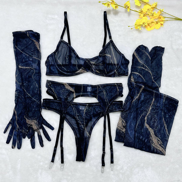 Tie-Dye Colorful Mesh Lingerie Set for Women – Sexy Five-Piece Small Bust Gathering Nightwear