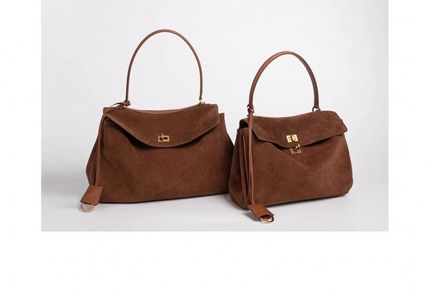 Vintage Autumn Winter Suede Matte Tote Bag, Elegant Shoulder Crossbody Kelly Bag for Women, Large Capacity Commuter Underarm Bag