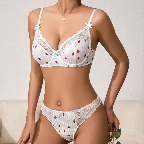Printed Lace Bra Set with Steel Ring Gathering Bowknot Erotic Underwear