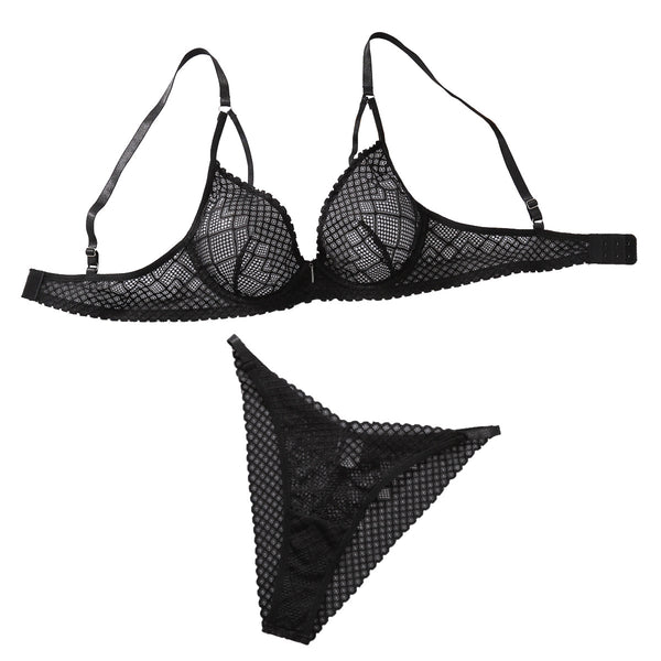 Low Cut Gathered Bra Set – Sexy Mesh Hollow Out Lingerie Two-Piece Set for Women