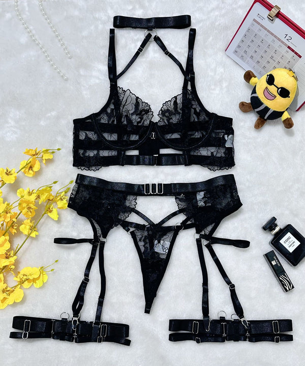 Sexy Cross-Strap Embroidered Sheer Mesh Lingerie Set for Women