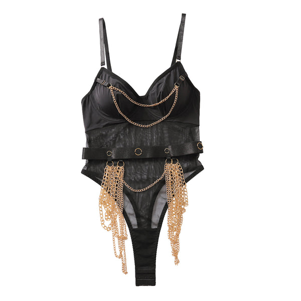 Metal Chain Decorative Waist Cover Sexy Underwear Set Mesh Splicing Perspective Sexy jumpsuit with Steel Ring