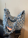 Checkered Raw Edge Denim Shoulder Bag