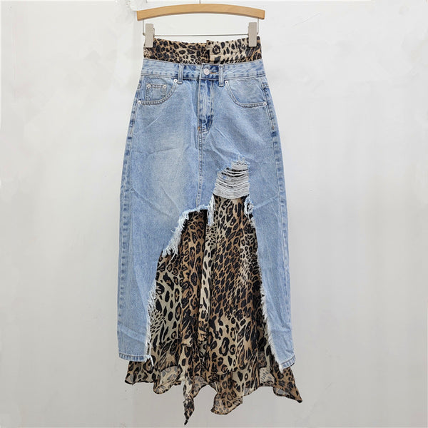 Autumn New Cowboy Leopard Print Splice Two-Piece Slimming Half Skirt for Women – Spicy Girl Style