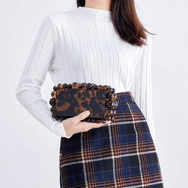 Women Clear Acrylic Box Evening Clutch Bags For Wedding Party Luxury Gold Foil Beads Purses And Handbags Designer High Quality