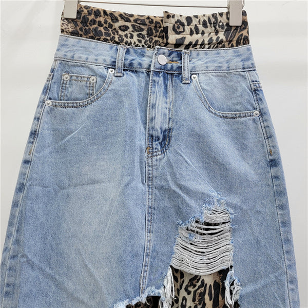 Autumn New Cowboy Leopard Print Splice Two-Piece Slimming Half Skirt for Women – Spicy Girl Style