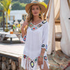 New Off Shoulder 3/4 Sleeve Hooked Flower Splice Irregular Tassel Beach Sunscreen Cover Up Ethnic Style Dress