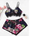 Multicolor Lace Trim Floral Print Satin Sexy Women Lingerie Set Boho Wireless Intimates Femme Bra Underwear Set