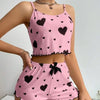 Sexy Lingerie Set with Heart Print Sweet Strap Nightwear Suit for Women